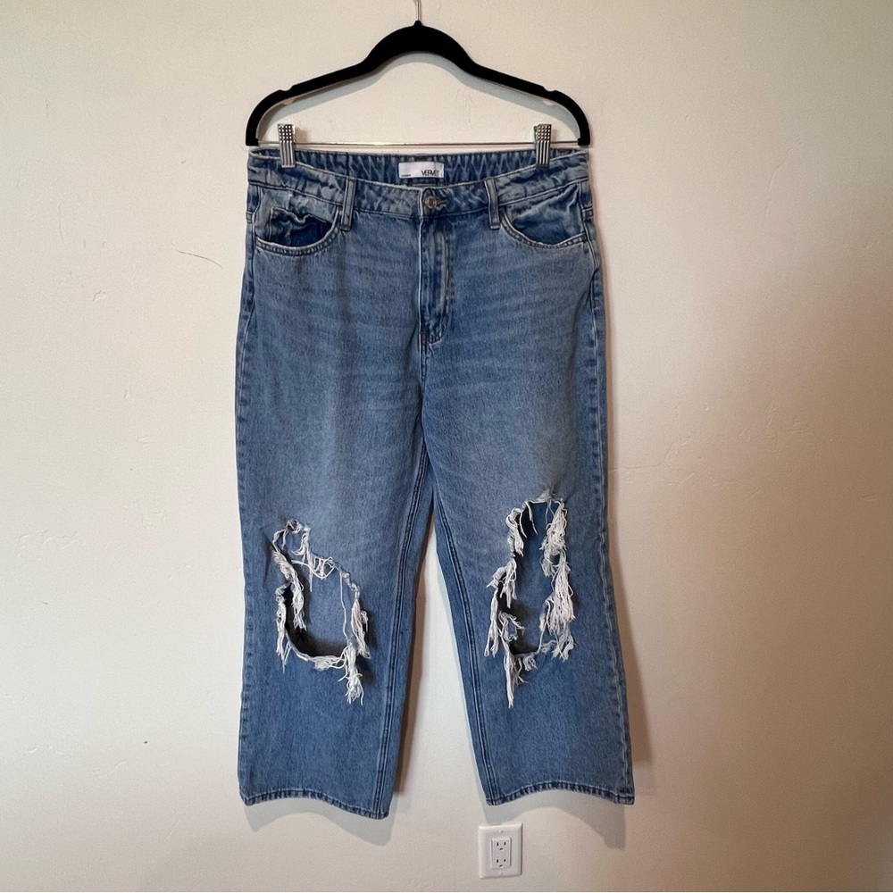Vervet Women’s Distressed High Rise Knee Wide Leg Blue Jeans 100% Cotton Size 31